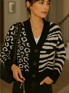 NWT Mixed Animal Print Knit Cropped Button Cardi